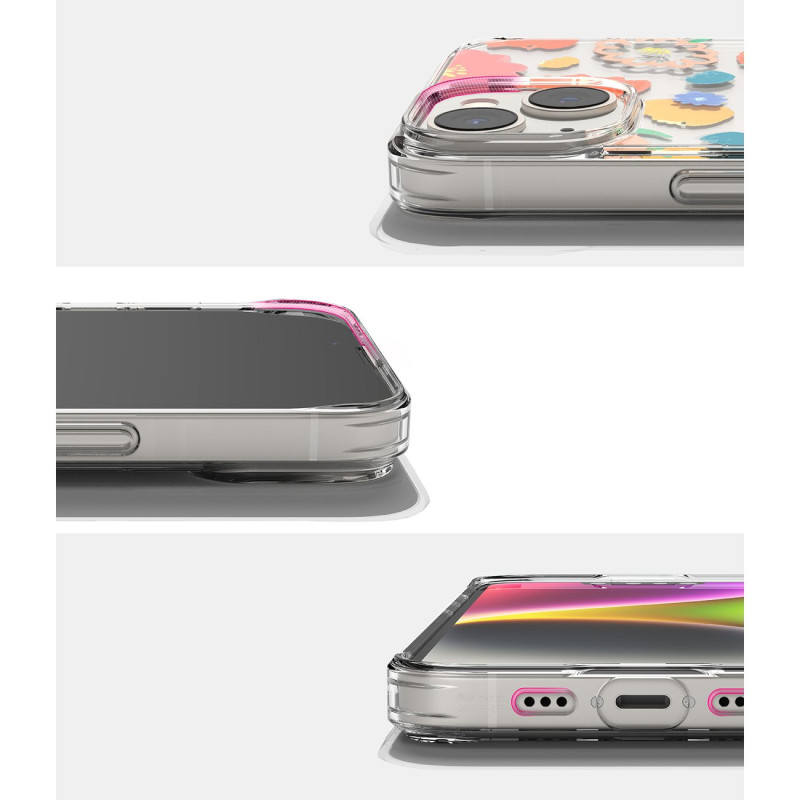 Šarvuotas dėklo dangtelis su geliniu rėmeliu iPhone 14 Plus Fusion Design, gėlėtas skaidrus