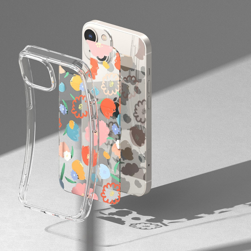 Šarvuotas dėklo dangtelis su geliniu rėmeliu iPhone 14 Plus Fusion Design, gėlėtas skaidrus