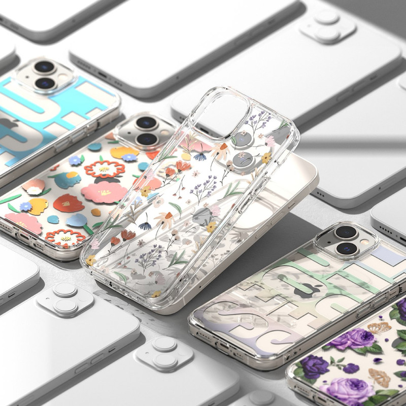 Šarvuotas dėklo dangtelis su gelio rėmeliu „iPhone 14 Plus Fusion Design“ sausos gėlės, skaidrios