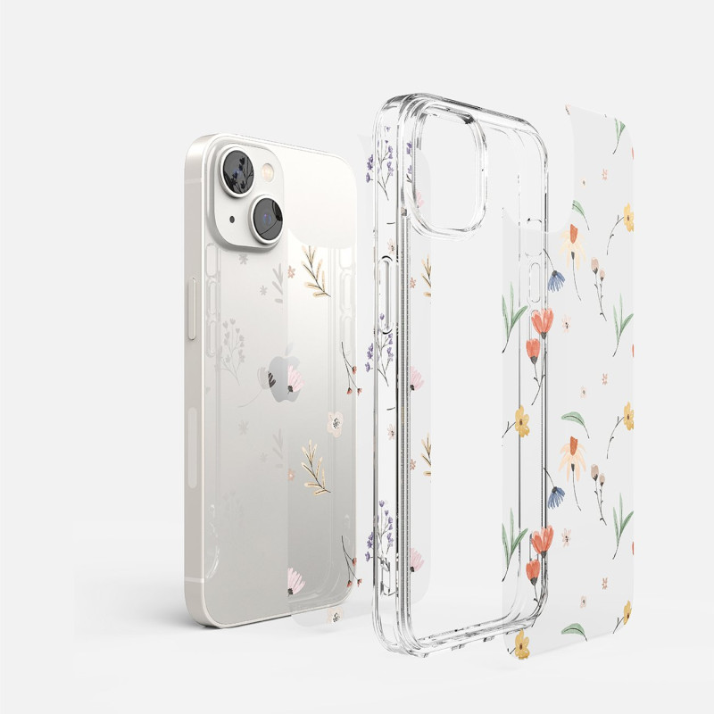 Šarvuotas dėklo dangtelis su gelio rėmeliu „iPhone 14 Plus Fusion Design“ sausos gėlės, skaidrios