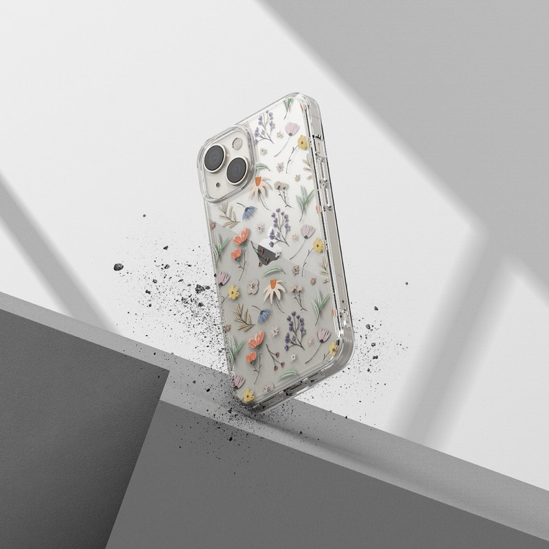 Šarvuotas dėklo dangtelis su gelio rėmeliu „iPhone 14 Plus Fusion Design“ sausos gėlės, skaidrios