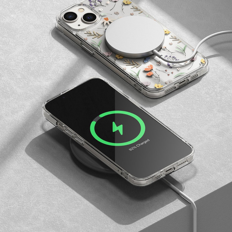 Šarvuotas dėklo dangtelis su gelio rėmeliu „iPhone 14 Plus Fusion Design“ sausos gėlės, skaidrios