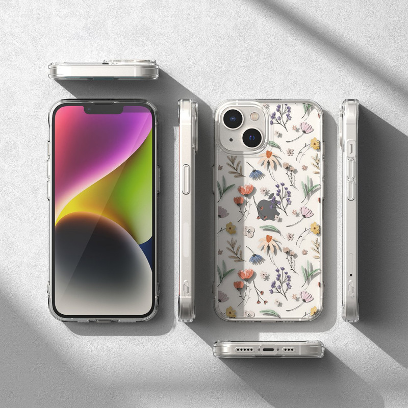 Šarvuotas dėklo dangtelis su gelio rėmeliu „iPhone 14 Plus Fusion Design“ sausos gėlės, skaidrios
