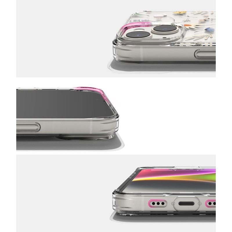 Šarvuotas dėklo dangtelis su gelio rėmeliu „iPhone 14 Plus Fusion Design“ sausos gėlės, skaidrios