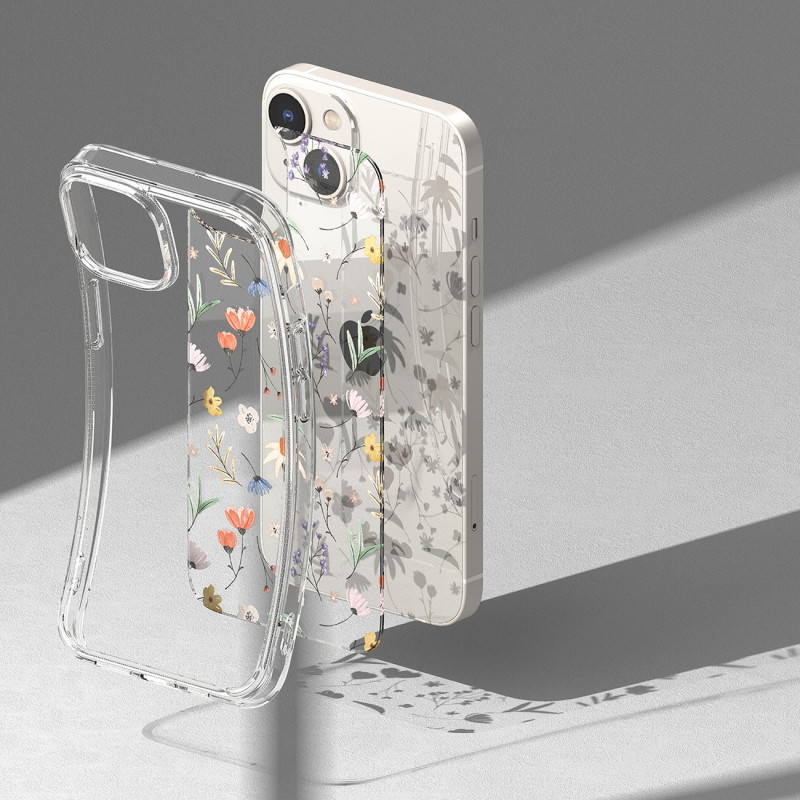 Šarvuotas dėklo dangtelis su gelio rėmeliu „iPhone 14 Plus Fusion Design“ sausos gėlės, skaidrios