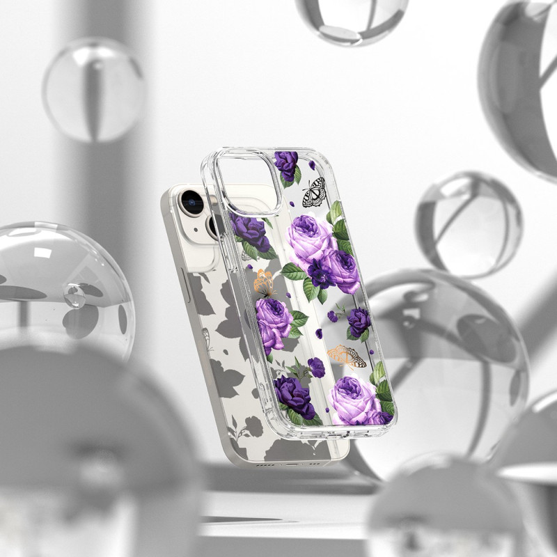 Šarvuotas korpuso dangtelis su gelio rėmeliu iPhone 14 Plus Fusion Design Purple Rose skaidrus