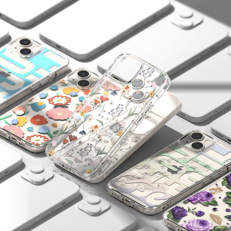 Šarvuotas korpuso dangtelis su gelio rėmeliu iPhone 14 Plus Fusion Design Purple Rose skaidrus