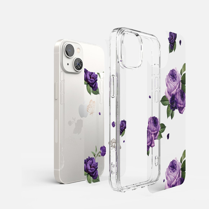 Šarvuotas korpuso dangtelis su gelio rėmeliu iPhone 14 Plus Fusion Design Purple Rose skaidrus