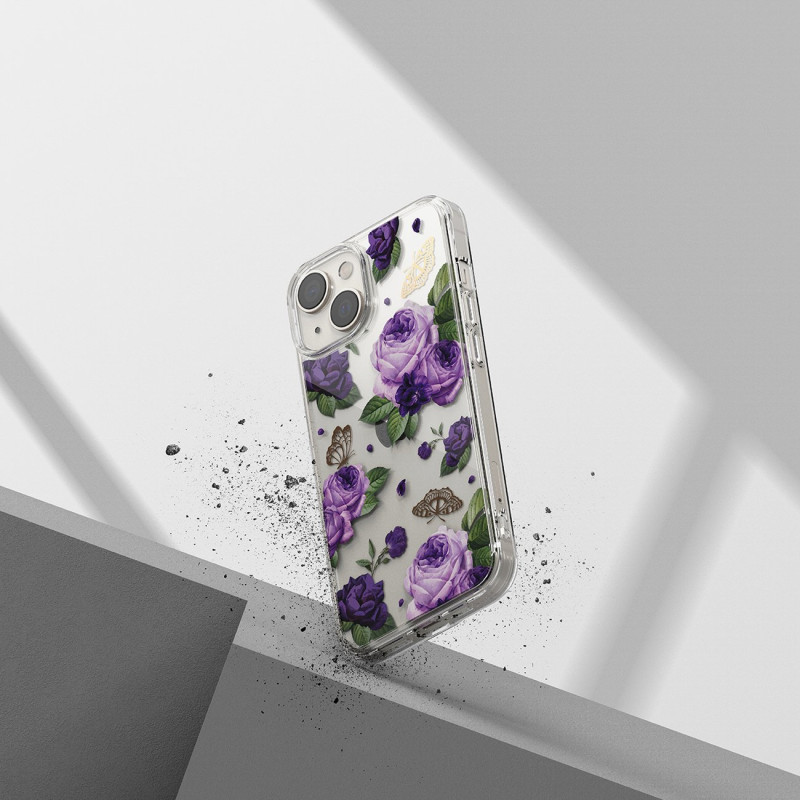 Šarvuotas korpuso dangtelis su gelio rėmeliu iPhone 14 Plus Fusion Design Purple Rose skaidrus