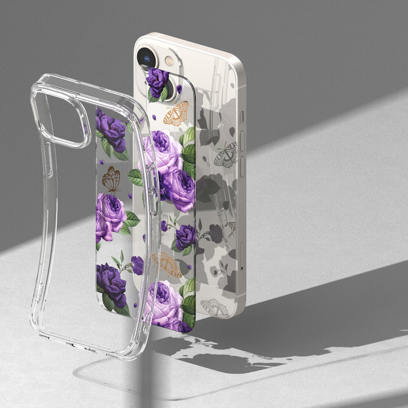 Šarvuotas korpuso dangtelis su gelio rėmeliu iPhone 14 Plus Fusion Design Purple Rose skaidrus