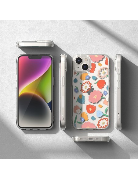 
iPhone 14 Fusion Design Gėlėtas šarvuotas dėklas su gelio rėmeliu, skaidrus
