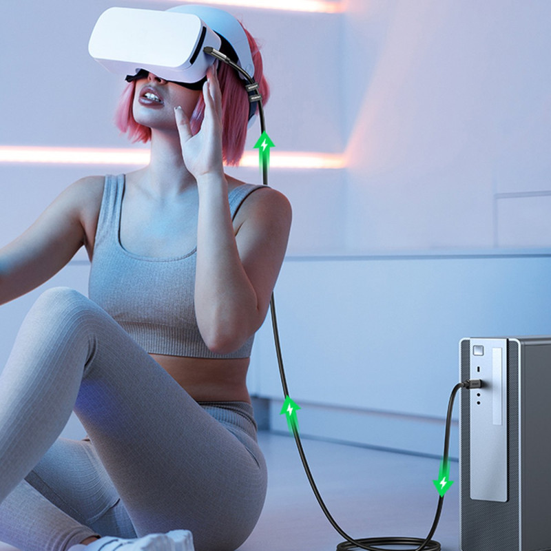 Kampinis USB-C laidas su palaikymu Oculus Quest 2 VR akiniams 60W 5m juodas