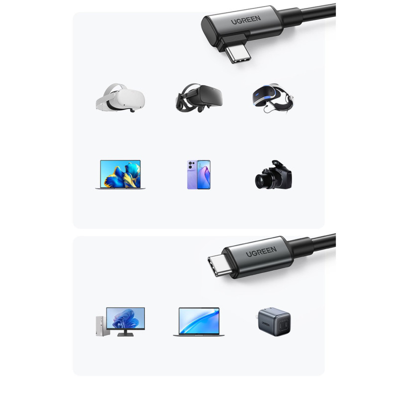 Kampinis USB-C laidas su palaikymu Oculus Quest 2 VR akiniams 60W 5m juodas
