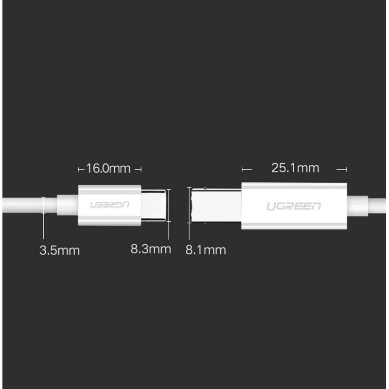 USB-C - USB-B 480Mb/ s spausdintuvo kabelis, 1m, baltas
