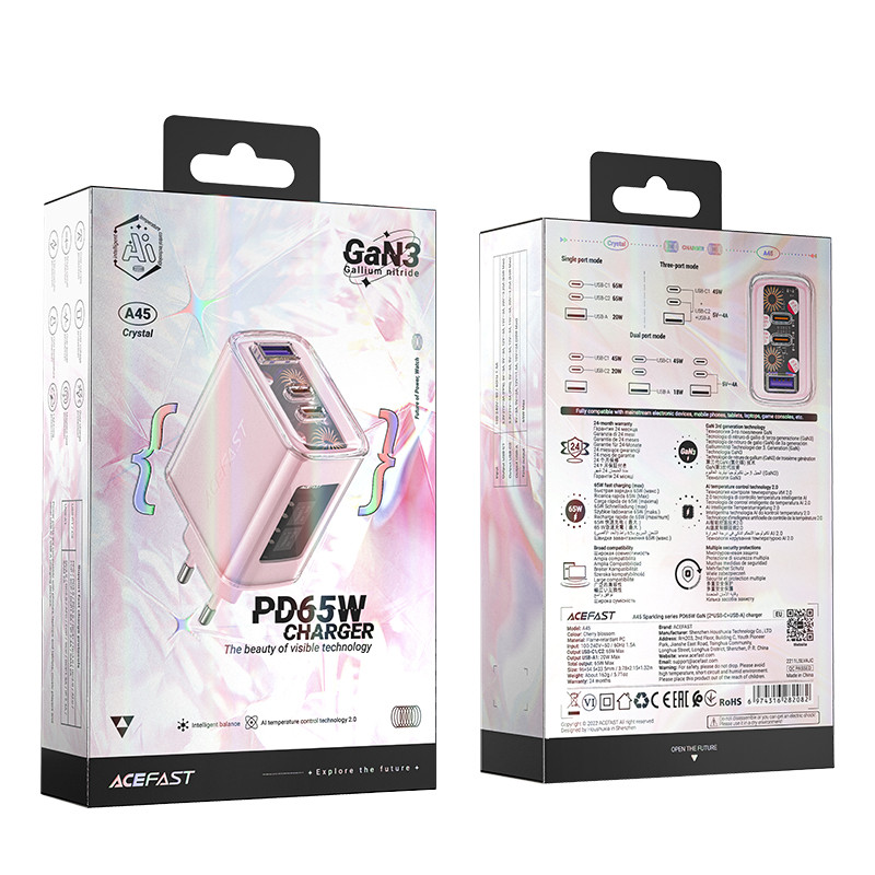 GaN 65W tinklo įkroviklis 3 prievadai 1x USB 2x USB-C rožinė