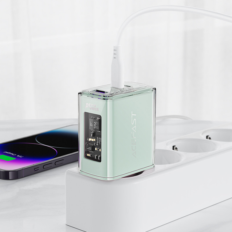 GaN 65W tinklo įkroviklis 3 prievadai 1x USB 2x USB-C rožinė