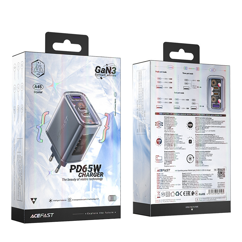 
GaN 65W tinklo įkroviklis 3 prievadai 1x USB 2x USB-C pilka
