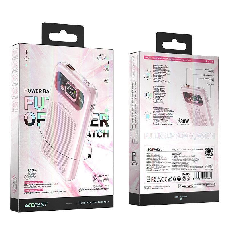 Powerbank 10000mAh Sparkling Series greito įkrovimo 30W rožinė