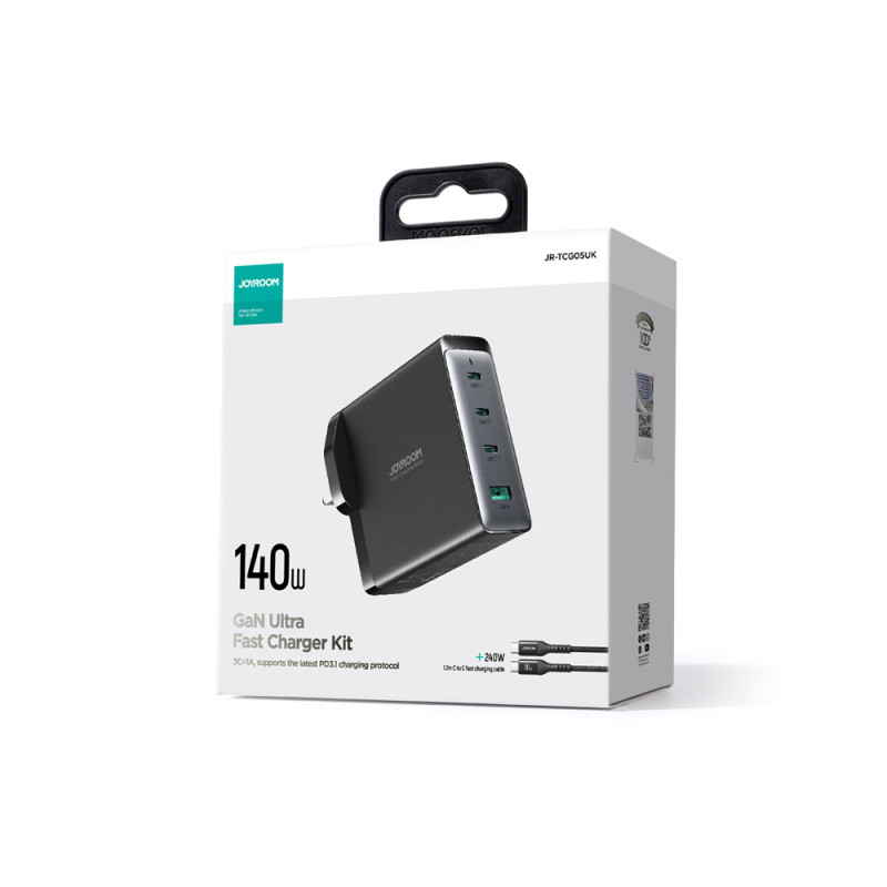 GaN greitas įkroviklis 140 W 3x USB-C USB-A + USB-C laidas 240 W 1,2 m juodas