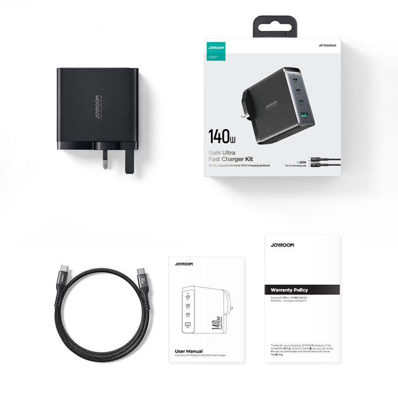 GaN greitas įkroviklis 140 W 3x USB-C USB-A + USB-C laidas 240 W 1,2 m juodas
