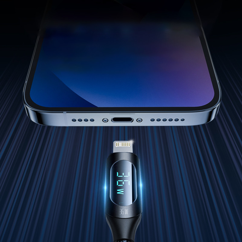 iPhone USB-C - Lightning kabelis su LED ekranu 36W 2m juodas