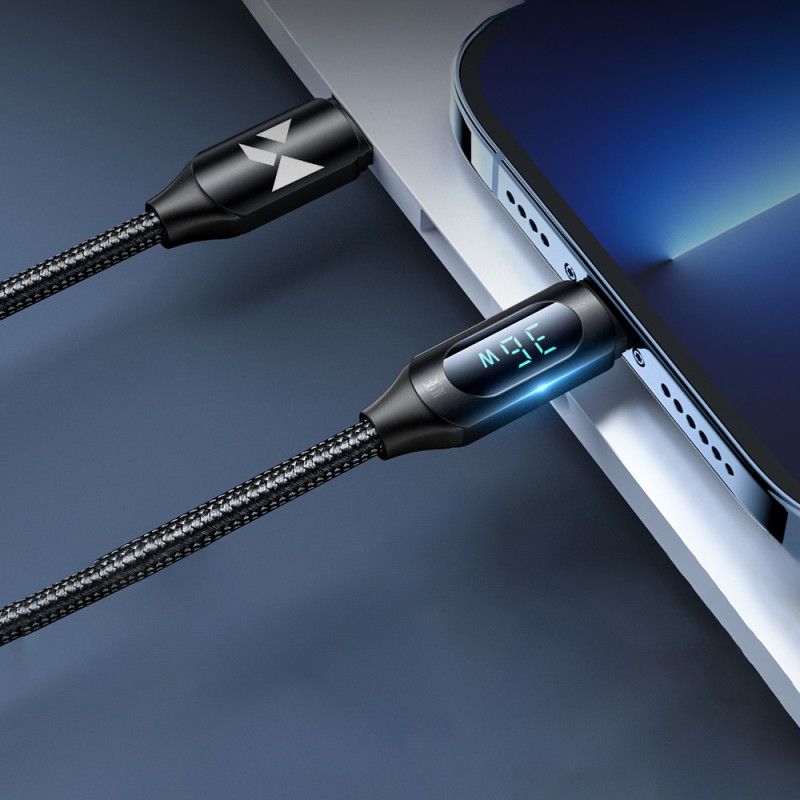 iPhone USB-C - Lightning kabelis su LED ekranu 36W 2m juodas