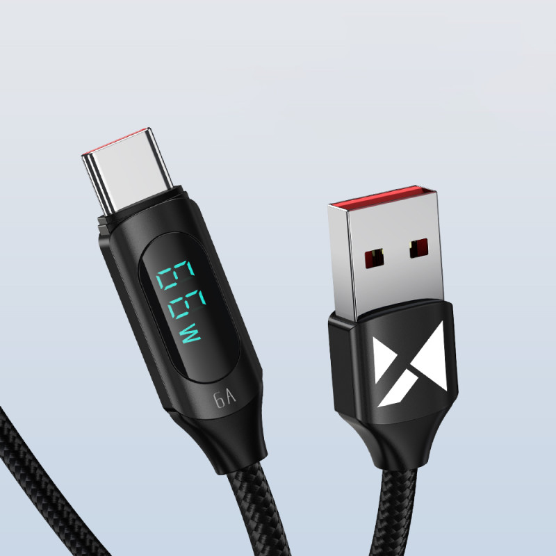 USB-A - USB-C laidas su LED ekranu 66W 6A 1m juodas