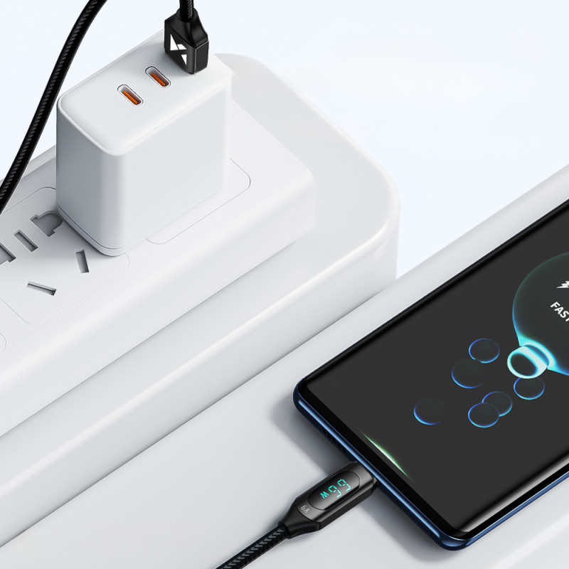 USB-A - USB-C laidas su LED ekranu 66W 6A 1m juodas