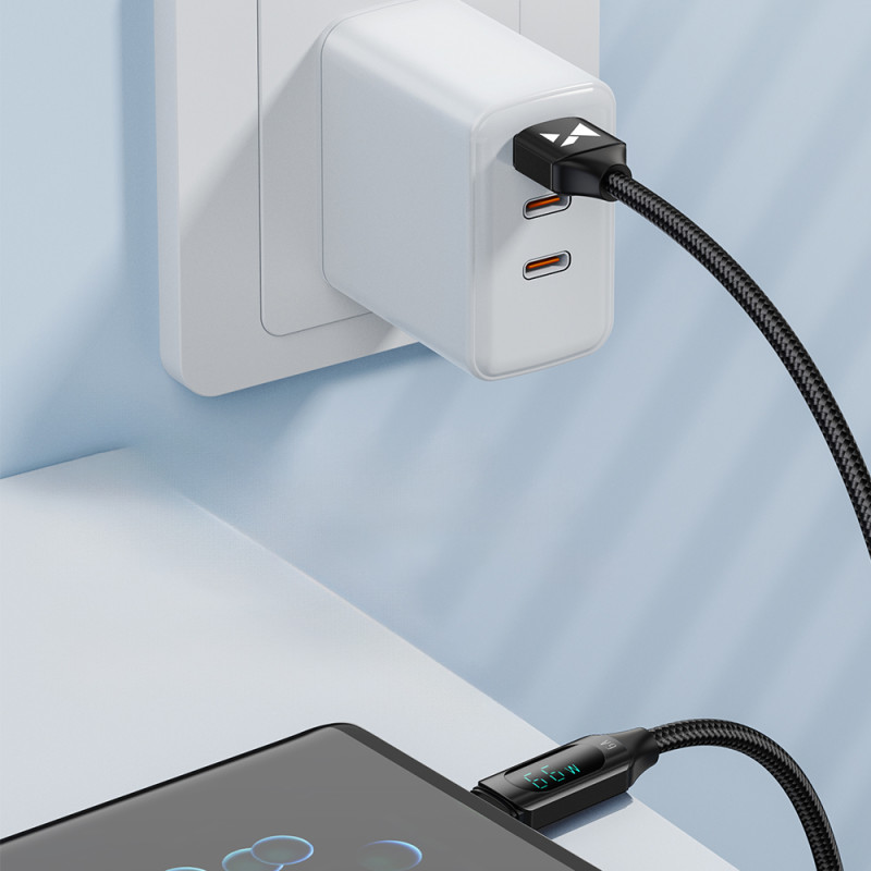 USB-A - USB-C laidas su LED ekranu 66W 6A 1m juodas
