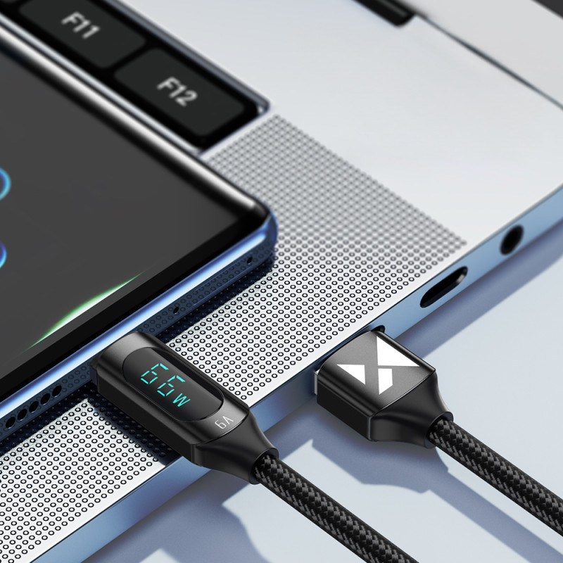 USB-A - USB-C laidas su LED ekranu 66W 6A 1m juodas