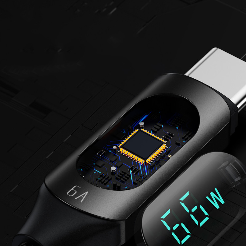USB-A - USB-C laidas su LED ekranu 66W 6A 1m juodas