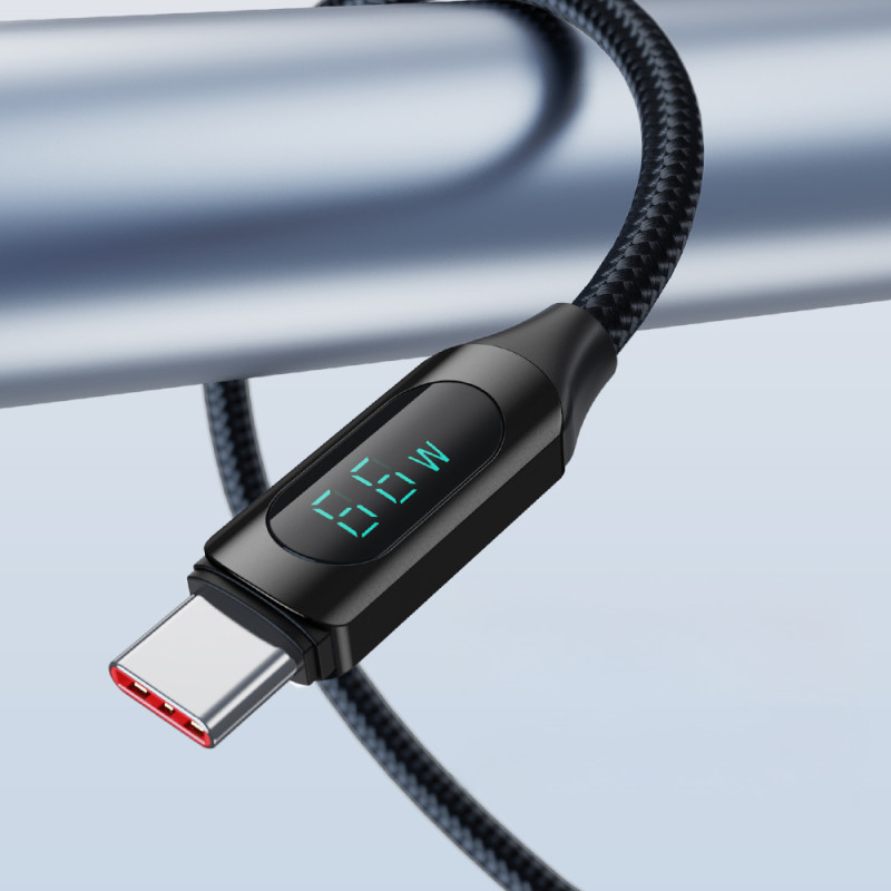 USB-A - USB-C laidas su LED ekranu 66W 6A 1m juodas
