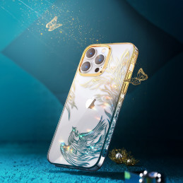 
Prabangus iPhone 14 dėklas su Phoenix serijos aukso ir mėlynos spalvos kristalais
