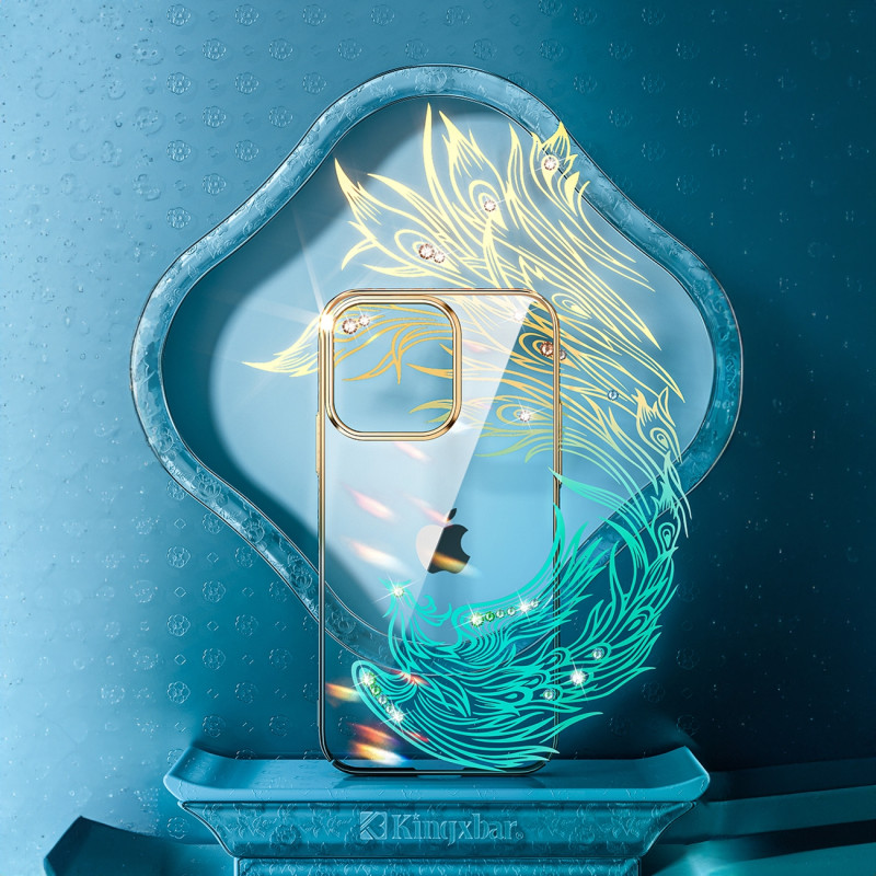 Prabangus iPhone 14 dėklas su Phoenix serijos aukso ir mėlynos spalvos kristalais