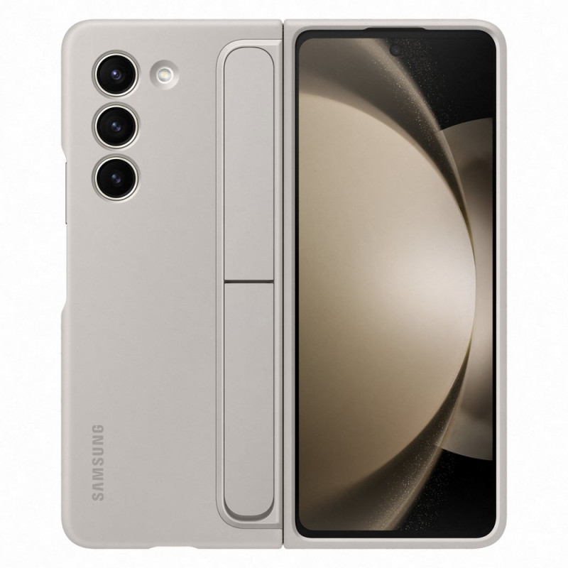 Silikono dėklas Samsung Galaxy Z Fold 5 su stovu ir smėlio spalvos dirželiu