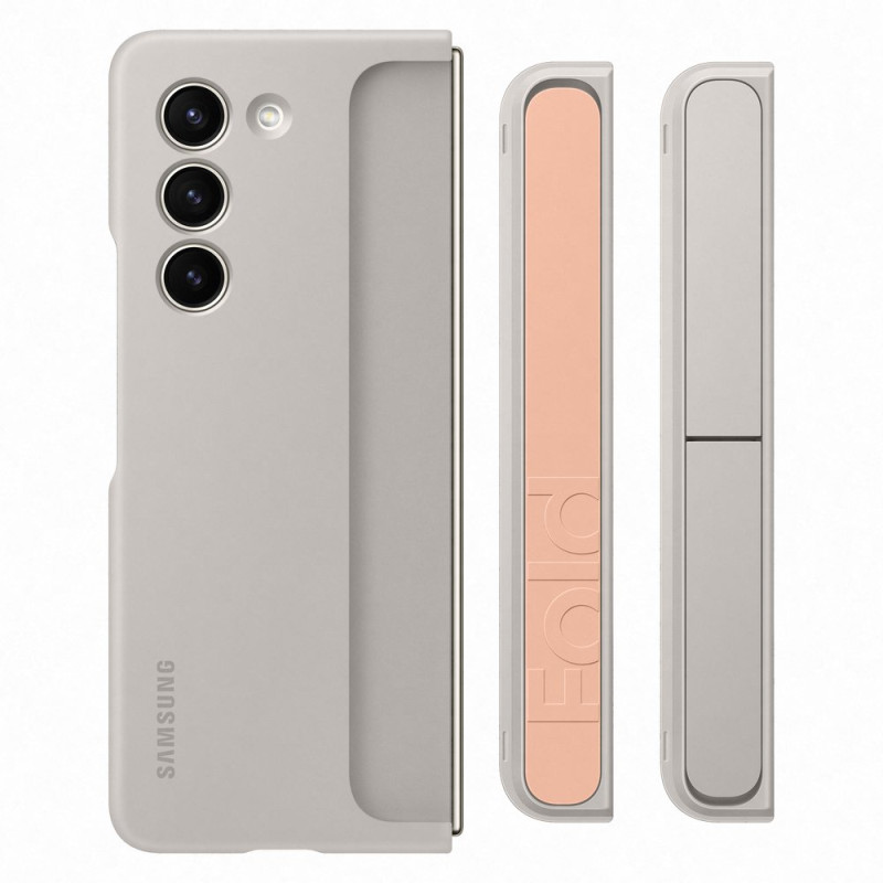 Silikono dėklas Samsung Galaxy Z Fold 5 su stovu ir smėlio spalvos dirželiu