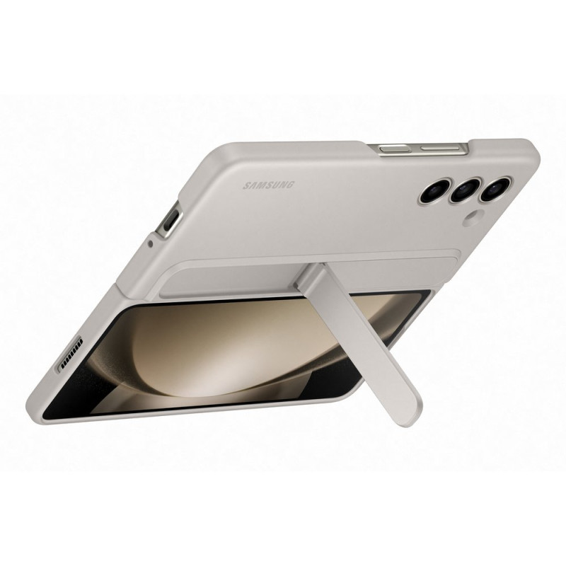 Silikono dėklas Samsung Galaxy Z Fold 5 su stovu ir smėlio spalvos dirželiu