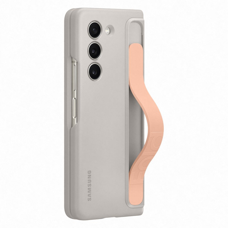 Silikono dėklas Samsung Galaxy Z Fold 5 su stovu ir smėlio spalvos dirželiu