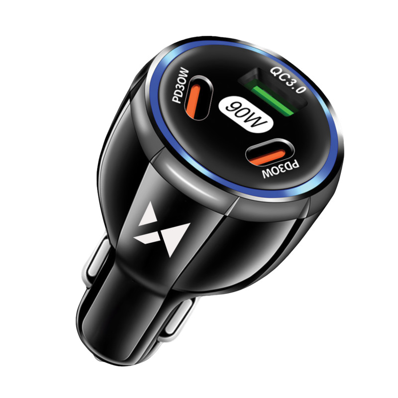 
Automobilinis įkroviklis 2x USB-C 1x USB-A 90W PD QC juodas
