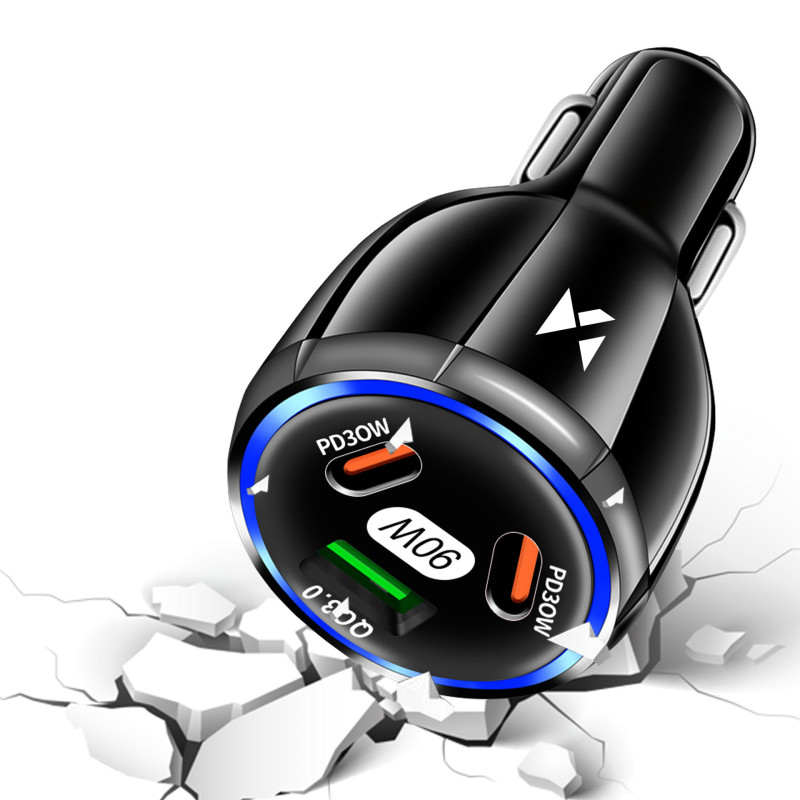 Automobilinis įkroviklis 2x USB-C 1x USB-A 90W PD QC juodas