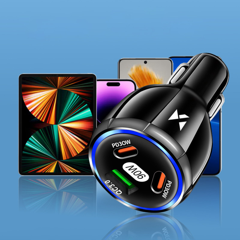 Automobilinis įkroviklis 2x USB-C 1x USB-A 90W PD QC juodas