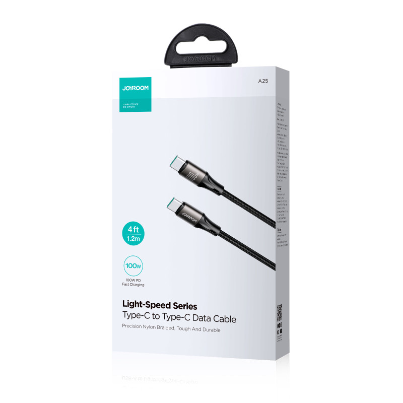USB-C 100 W Light-Speed Series laidas, 1,2 m juodas