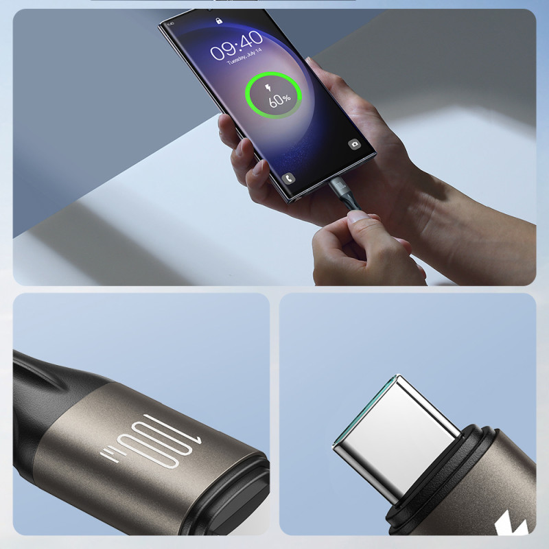 USB-C 100 W Light-Speed Series laidas, 1,2 m juodas