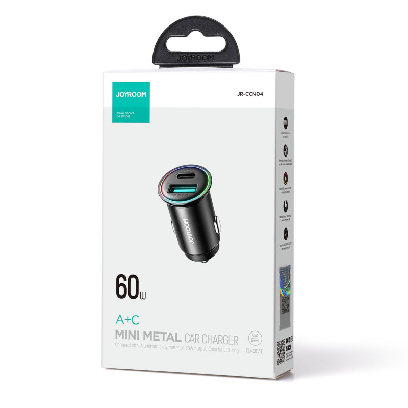 Mini automobilinis įkroviklis 60W USB-A QC3.0 USB-C PD juodas