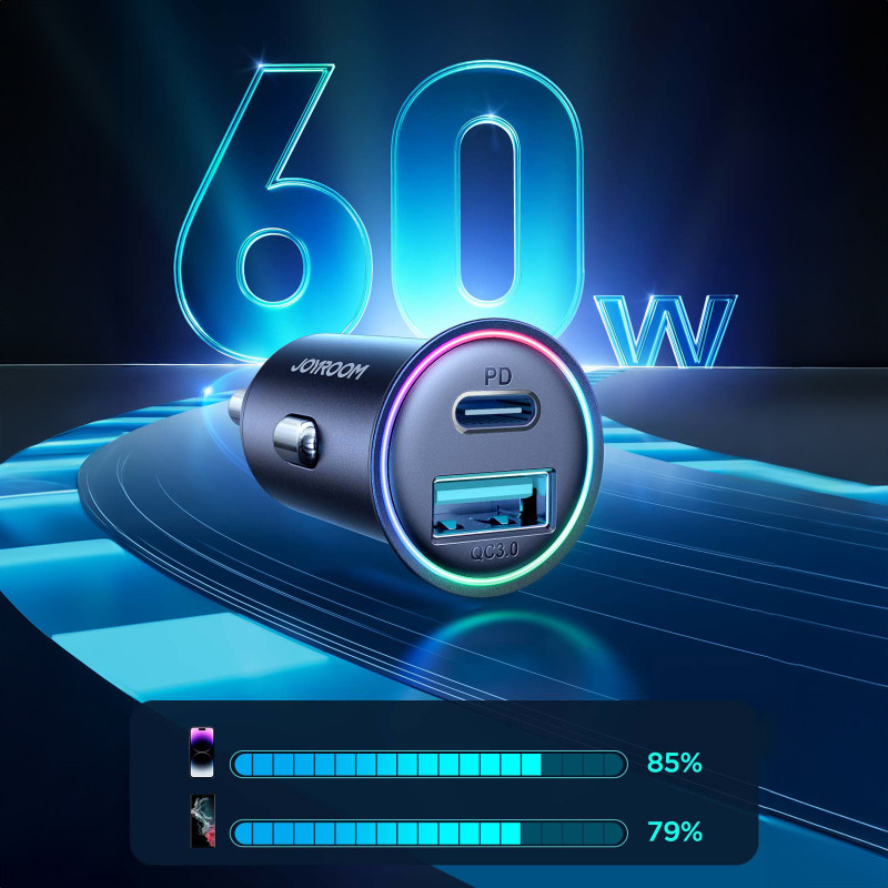 Mini automobilinis įkroviklis 60W USB-A QC3.0 USB-C PD juodas