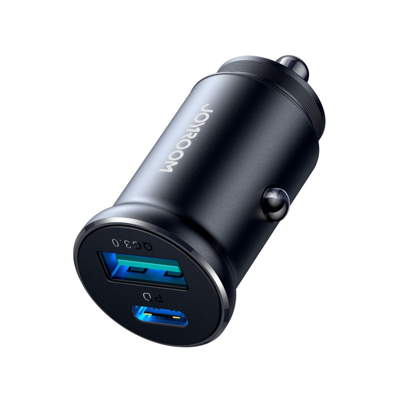 Mini automobilinis įkroviklis 30W USB-A QC3.0 USB-C PD juodas