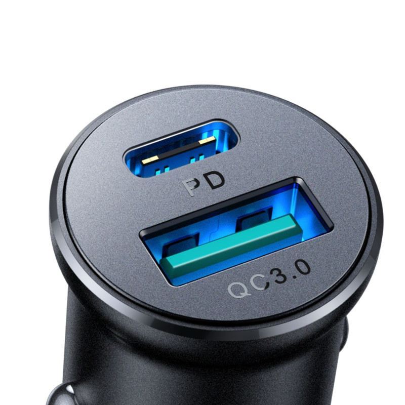 Mini automobilinis įkroviklis 30W USB-A QC3.0 USB-C PD juodas