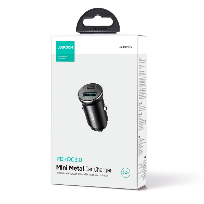 Mini automobilinis įkroviklis 30W USB-A QC3.0 USB-C PD juodas
