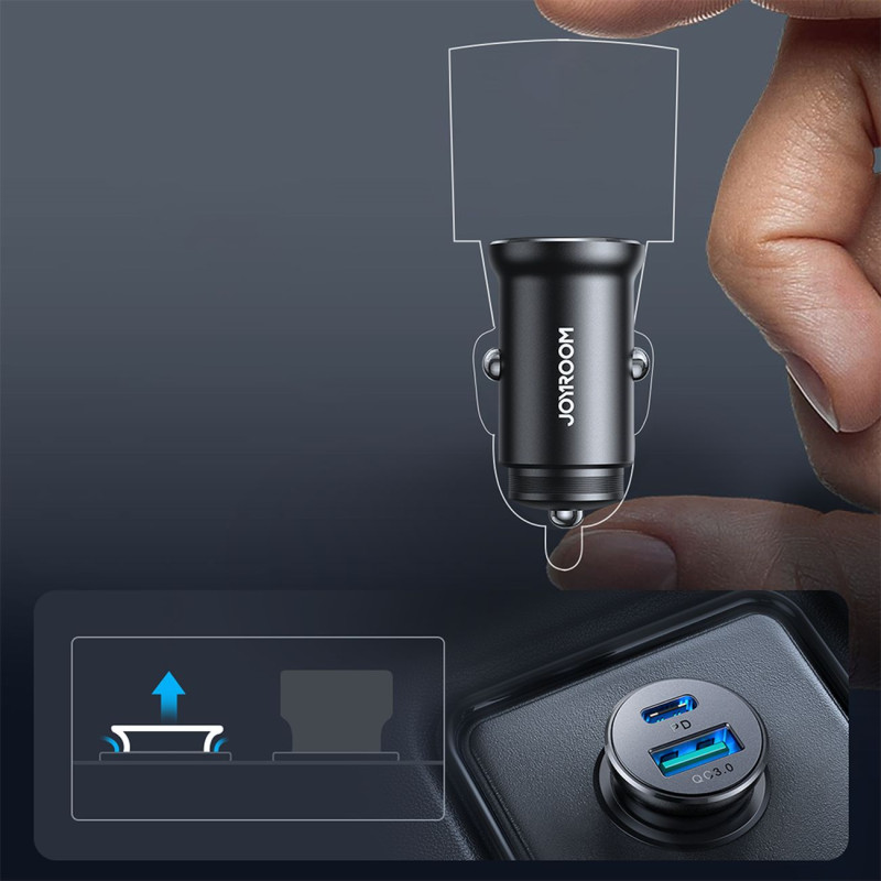 Mini automobilinis įkroviklis 30W USB-A QC3.0 USB-C PD juodas