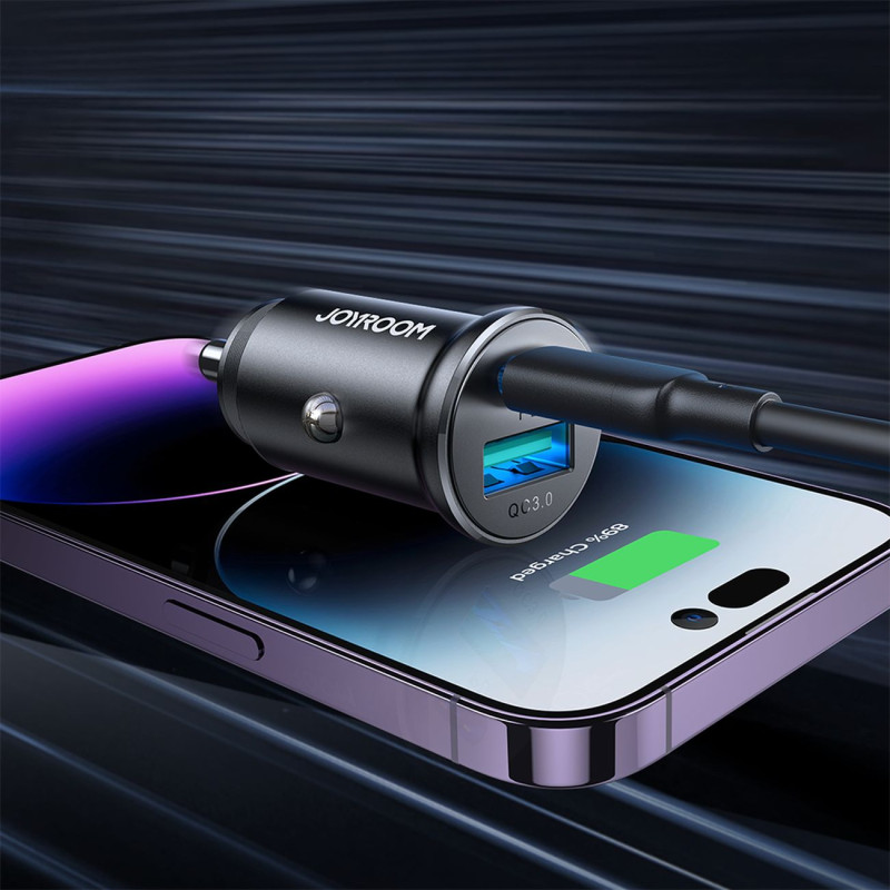 Mini automobilinis įkroviklis 30W USB-A QC3.0 USB-C PD juodas